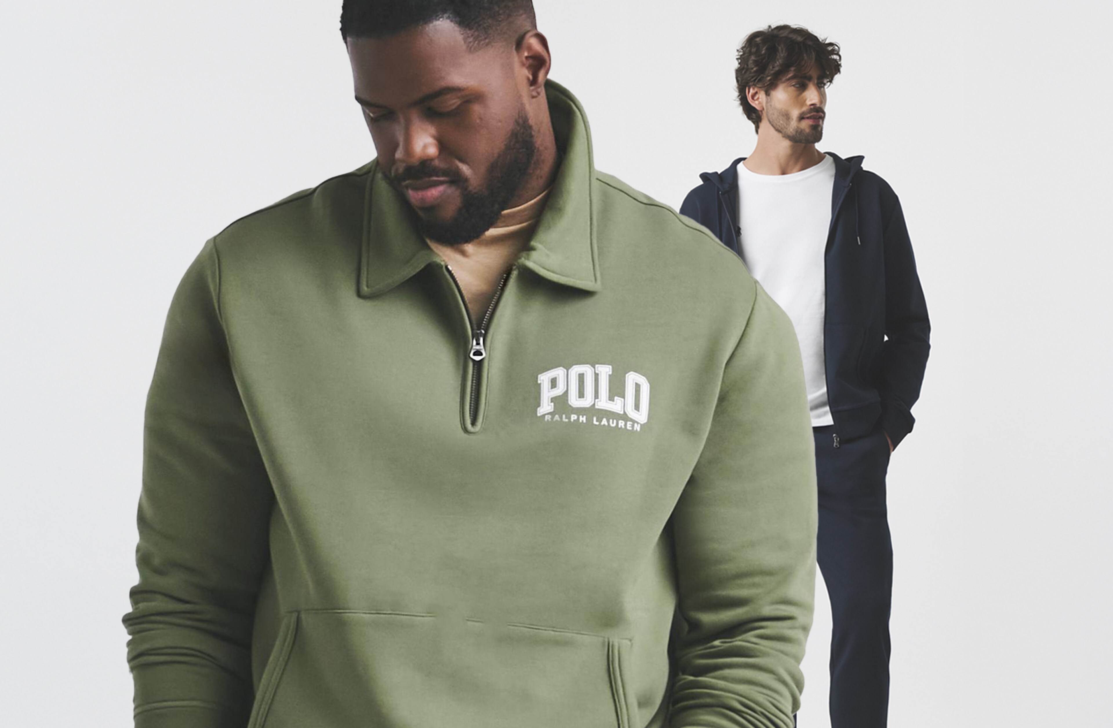 Model in foreground wearing a green 1/4 zip Polo Ralph Lauren jumper and model in the background wearing a black zip up hoodie