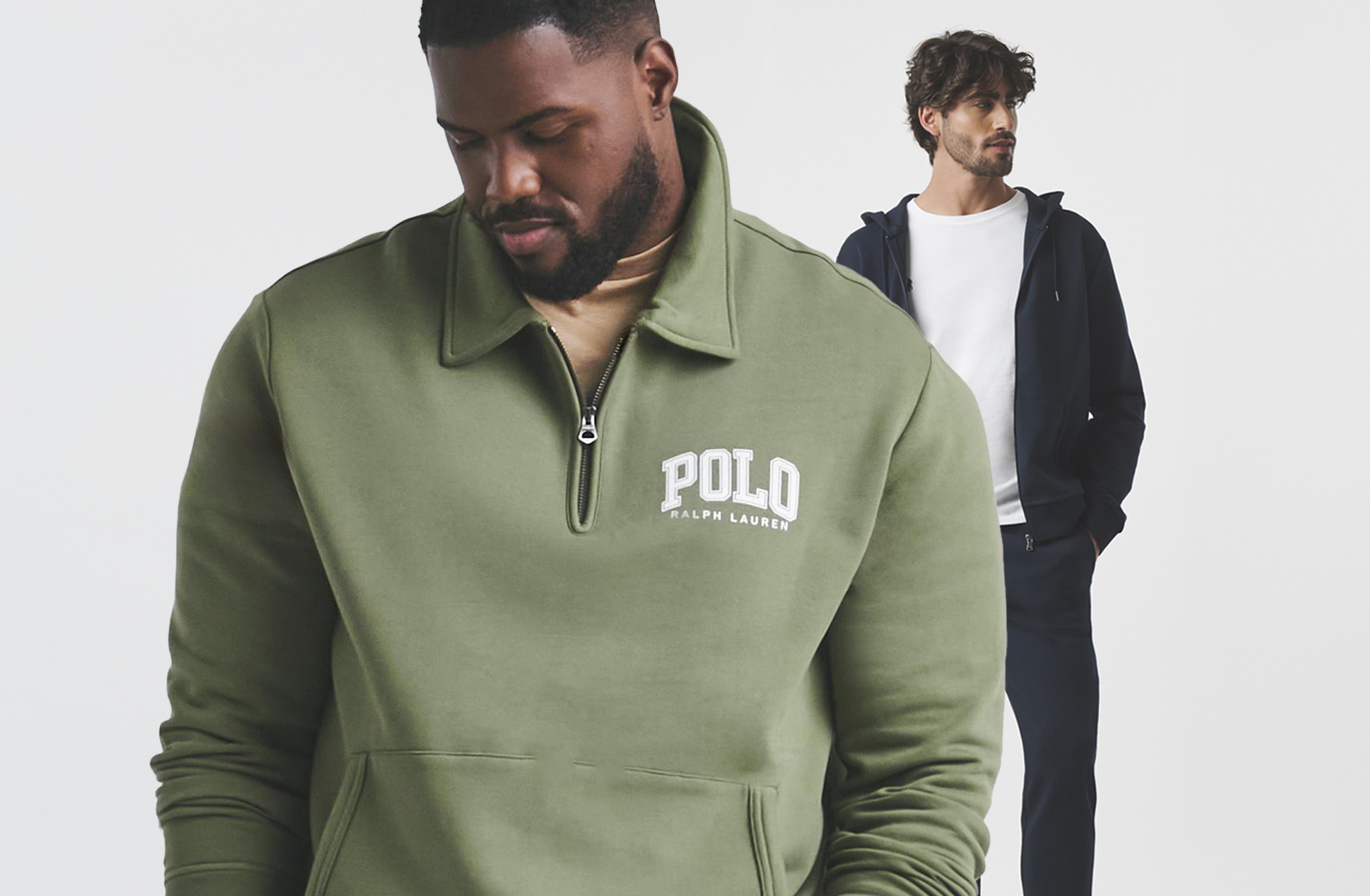 Model in foreground wearing a green 1/4 zip Polo Ralph Lauren jumper and model in the background wearing a black zip up hoodie