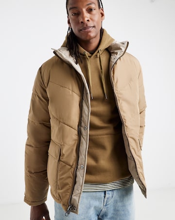 Ecru Funnel Neck Reversible Puffer Coat
