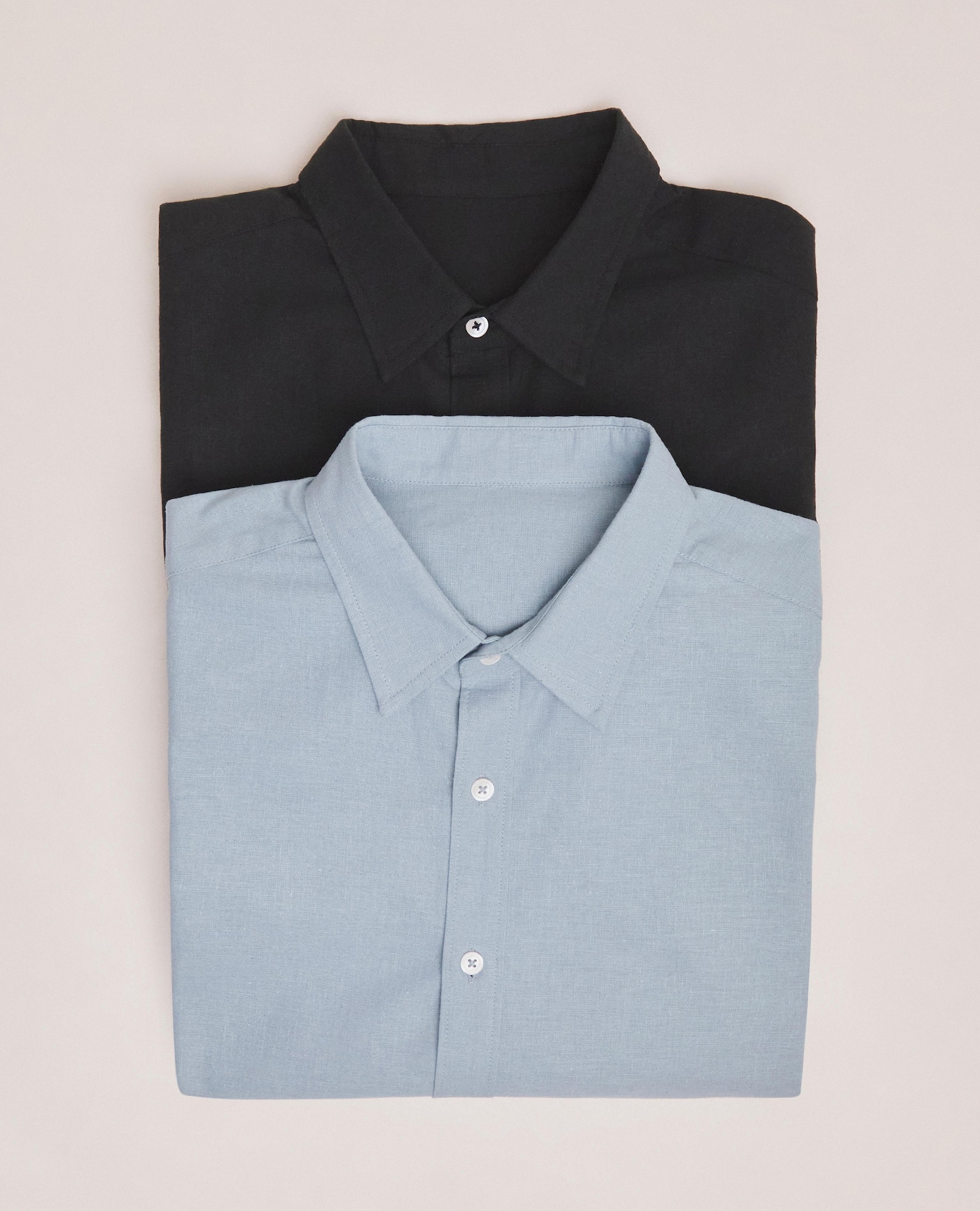 Short Sleeve Linen Blend Shirts in Blue and Black are pictured