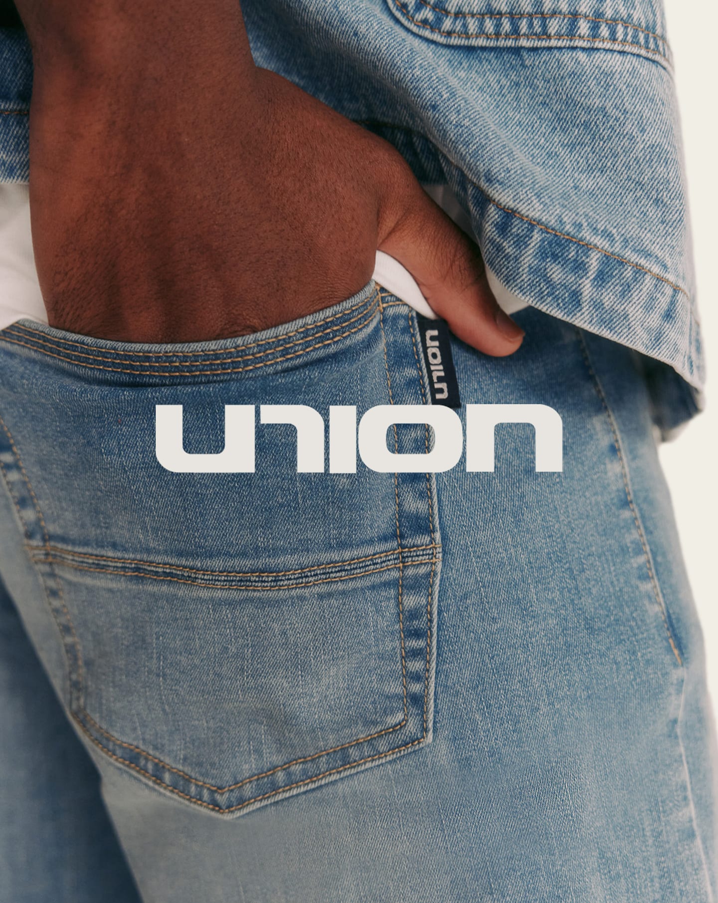 Close up of model wearing Union denim jeans