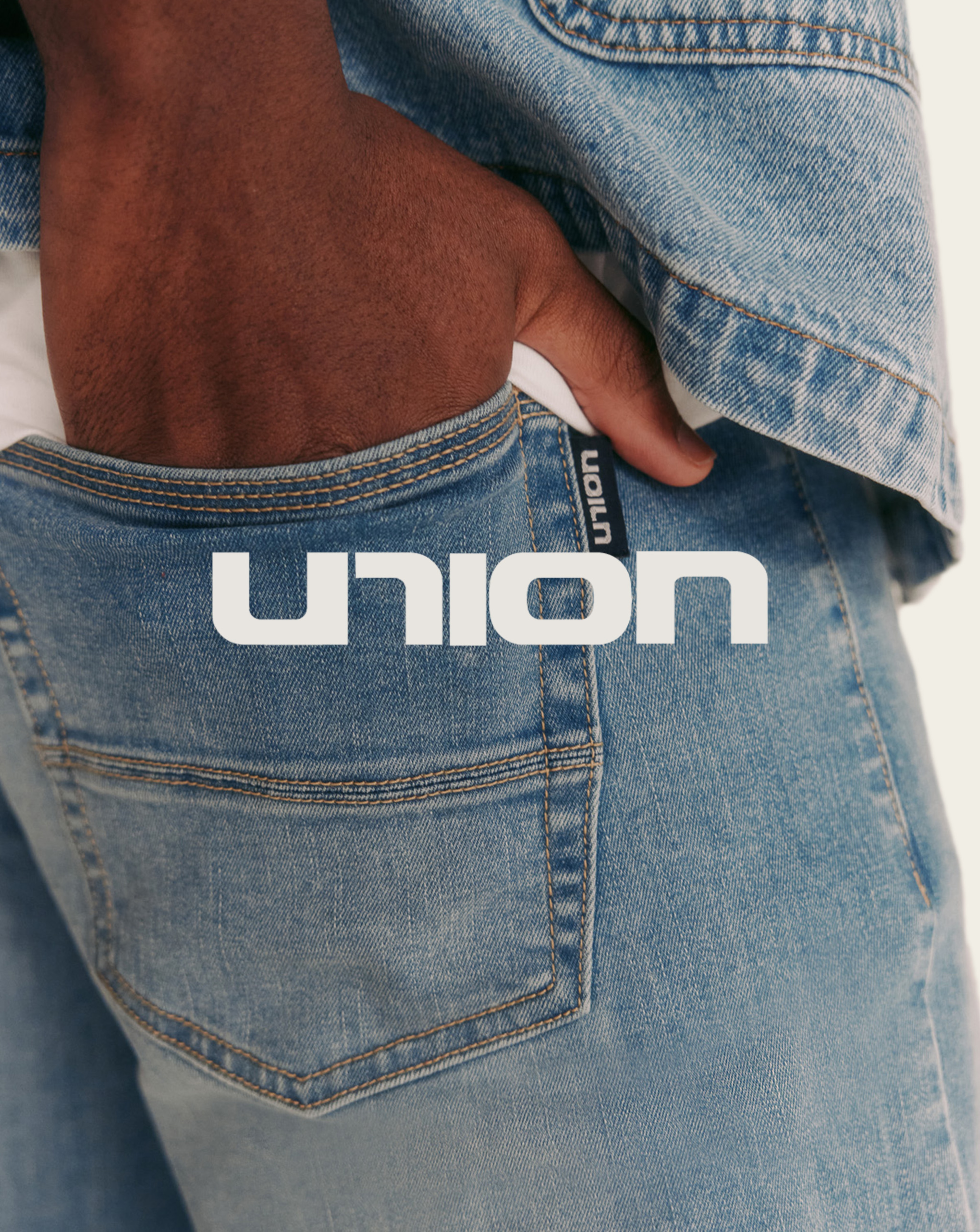Close up of model wearing Union denim jeans