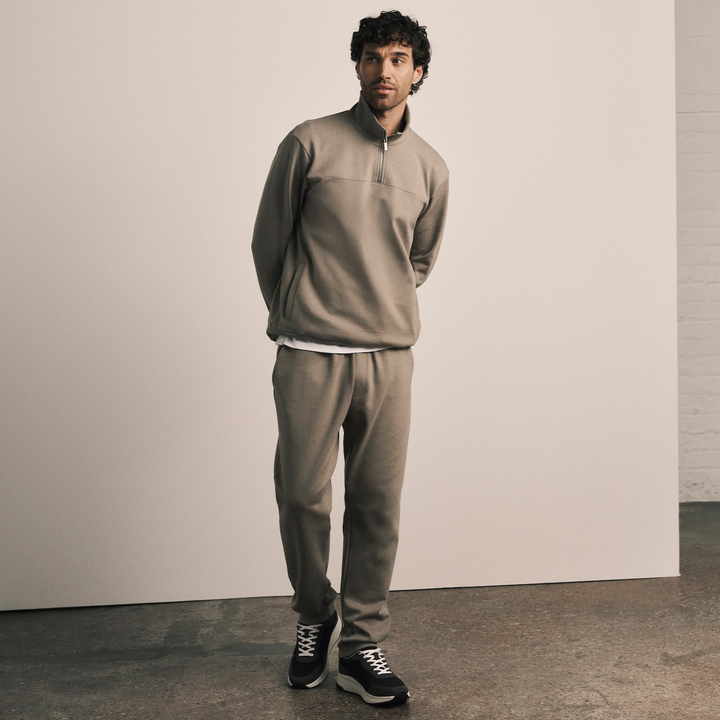 Model wearing beige Folio matching set