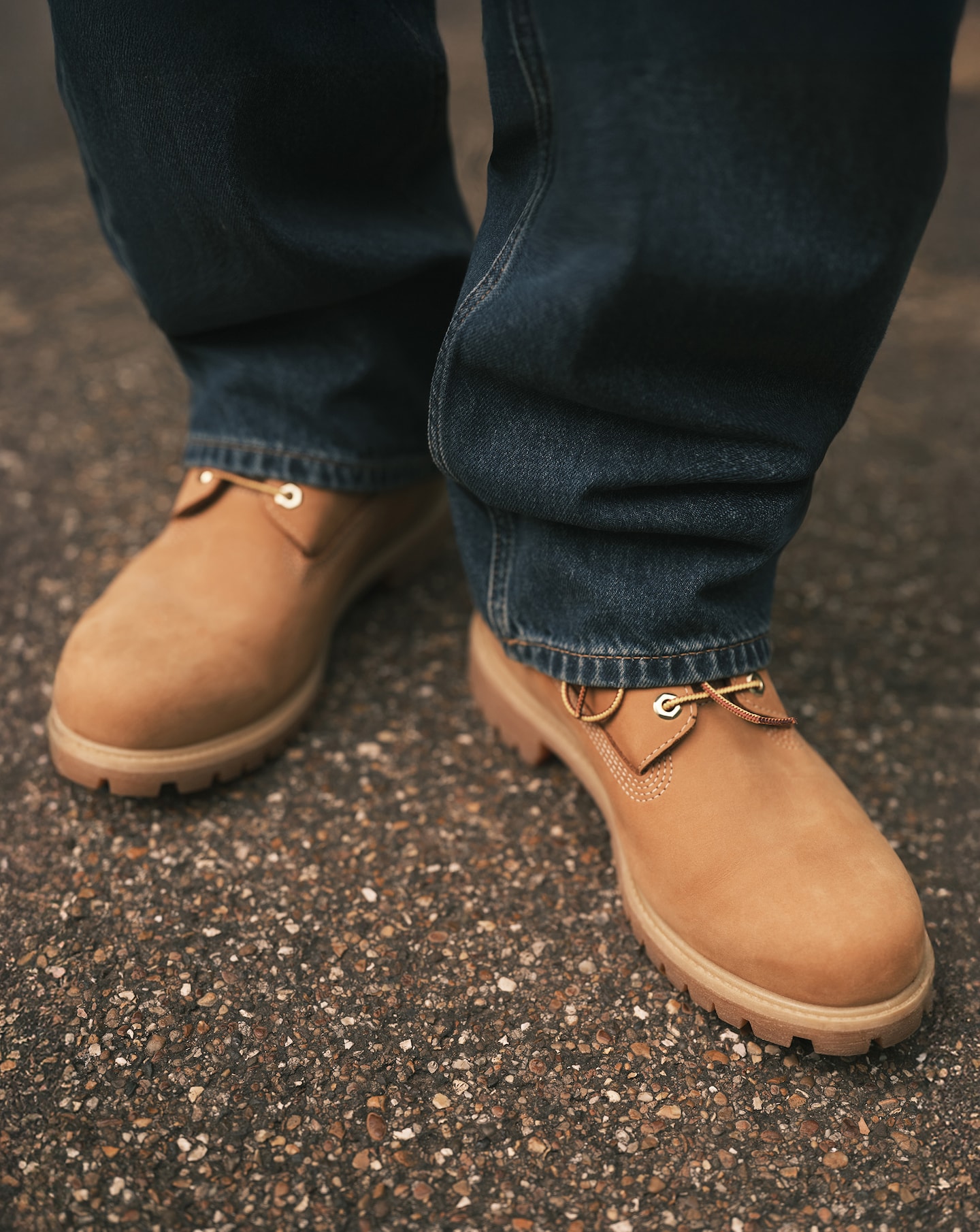 Close-up of model wearing Timberland boots