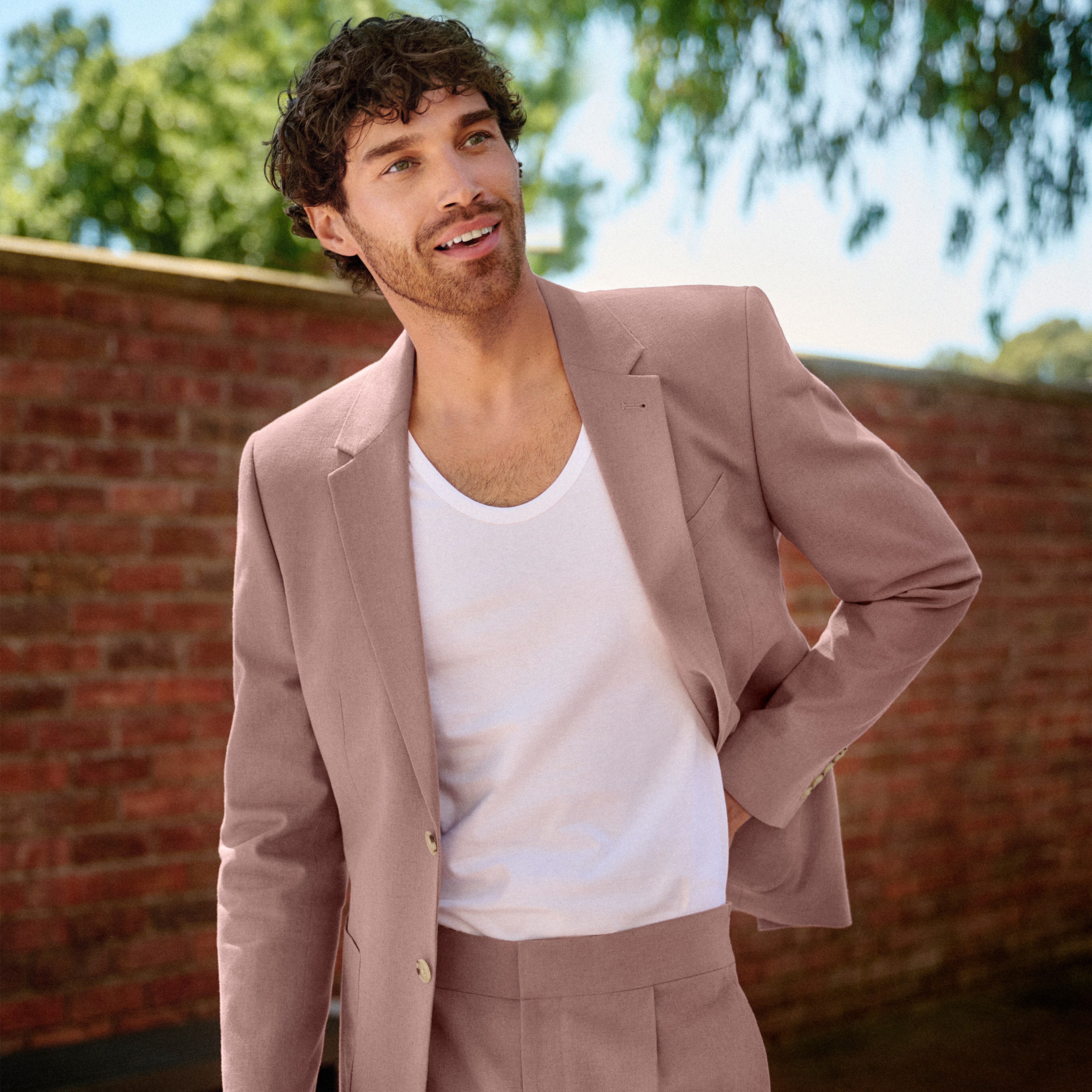 Model wears Linen Blend Blazer and Trousers in Dusty Pink