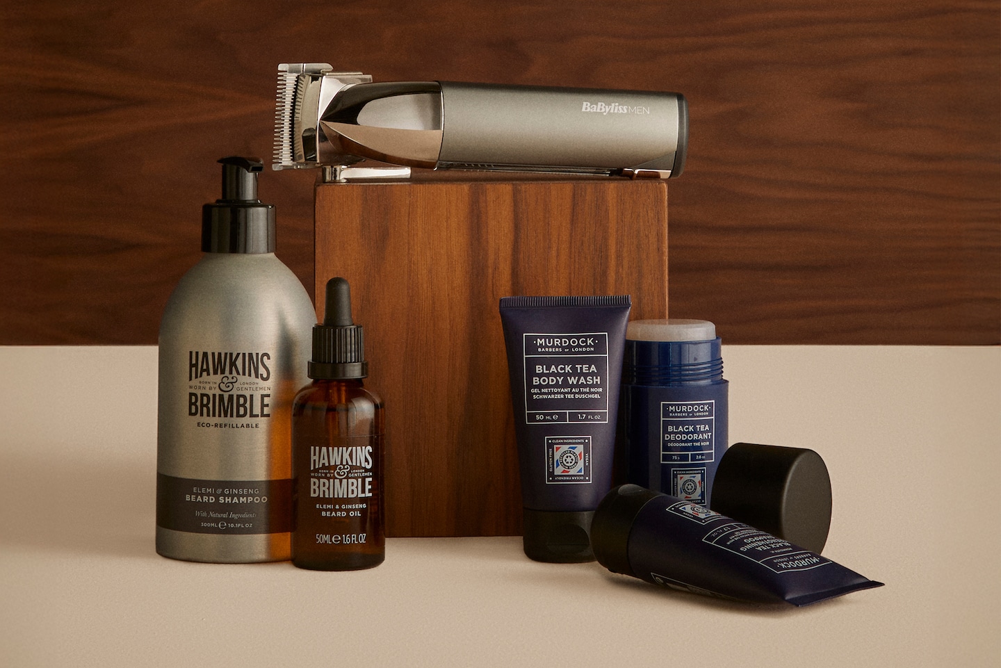 Grooming products are displayed including Hawkins & Brimble, Murdock and Babyliss.