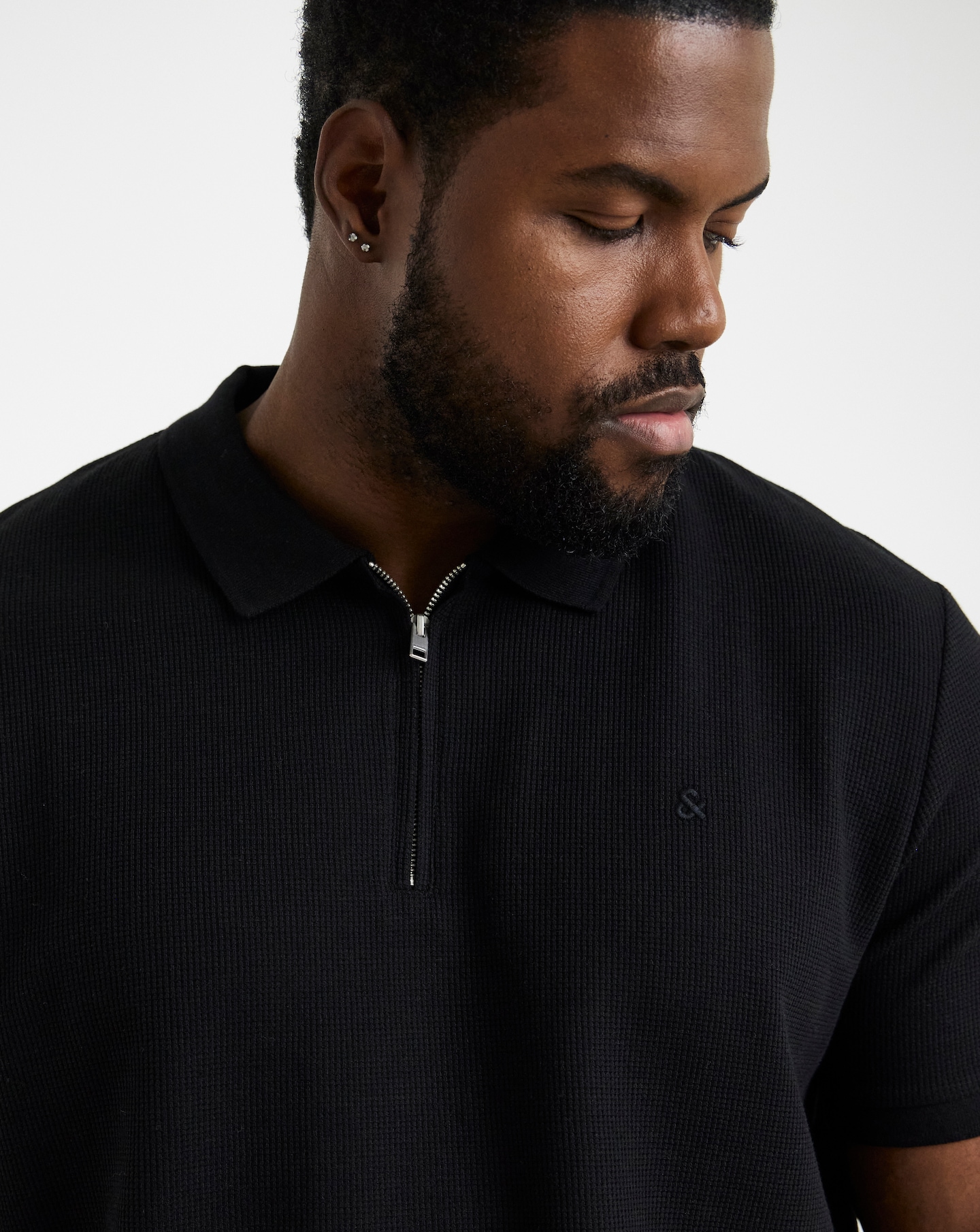 Jack & Jones Austin 1/4 Zip Waffle Polo - Black | Jacamo