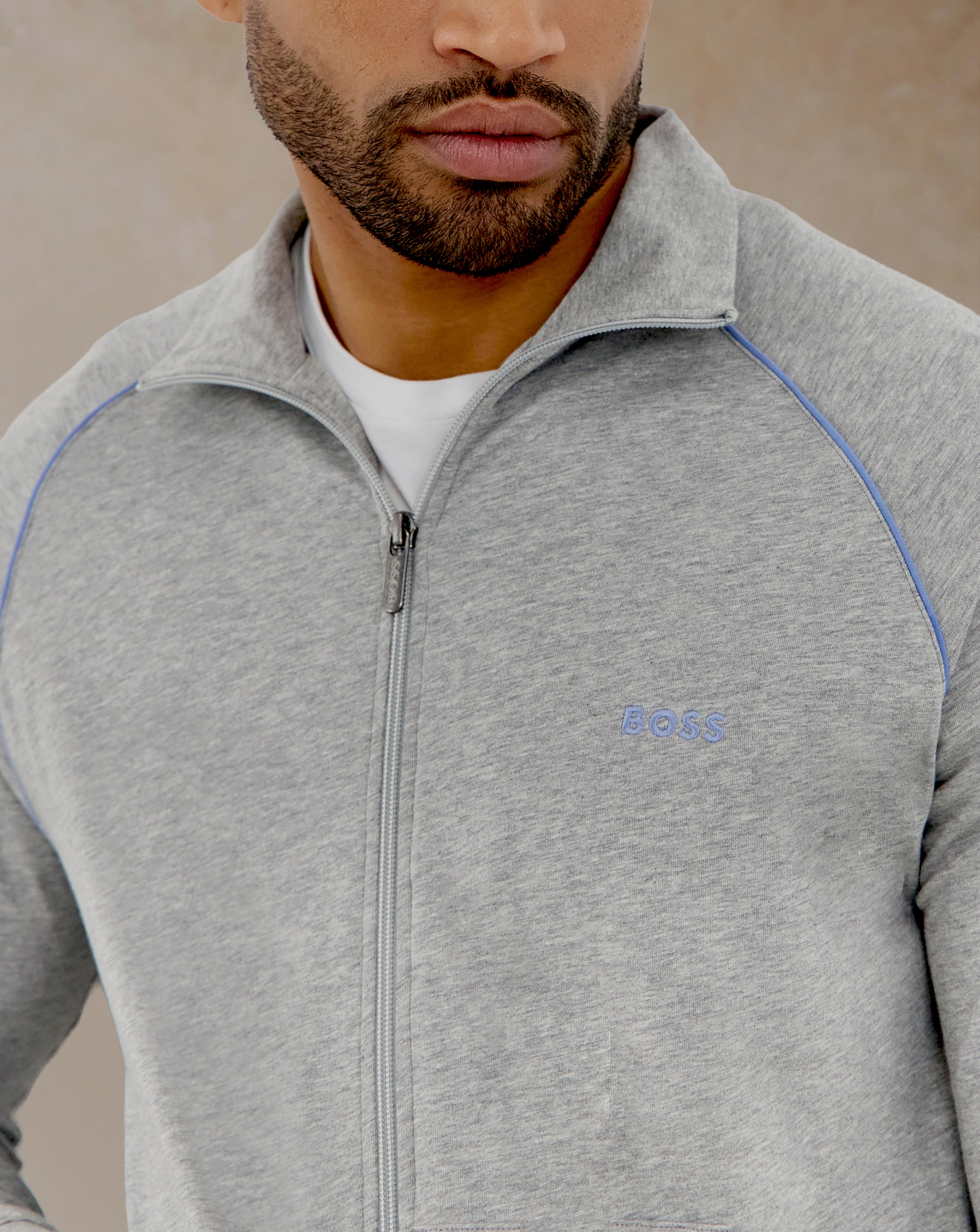 Model wears BOSS Mix And Match Zip Lounge Sweat - Grey Marl