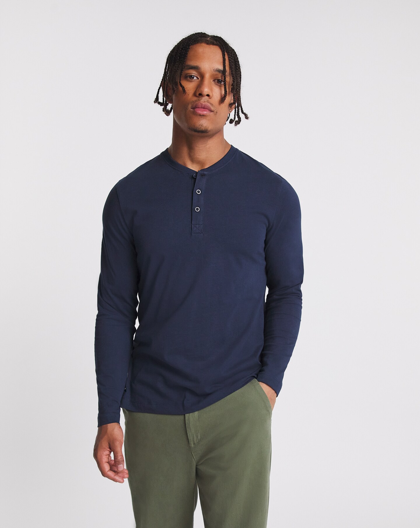 Long Sleeve Grandad T-Shirt Long Length- Navy