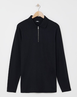 Jersey Zip Neck Polo- Black