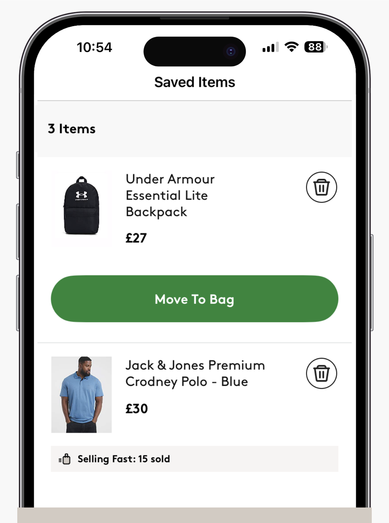 Picture displays 'Saved items' under your wishlist on the Jacamo app.