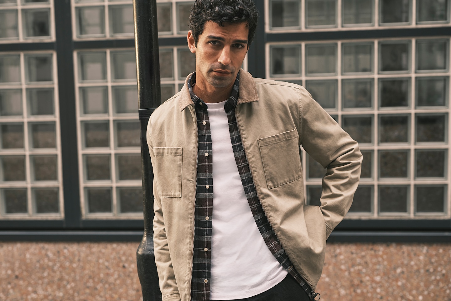 Model wears Jack & Jones Flannel Check Shirt with Cream Jacket and White T-shirt