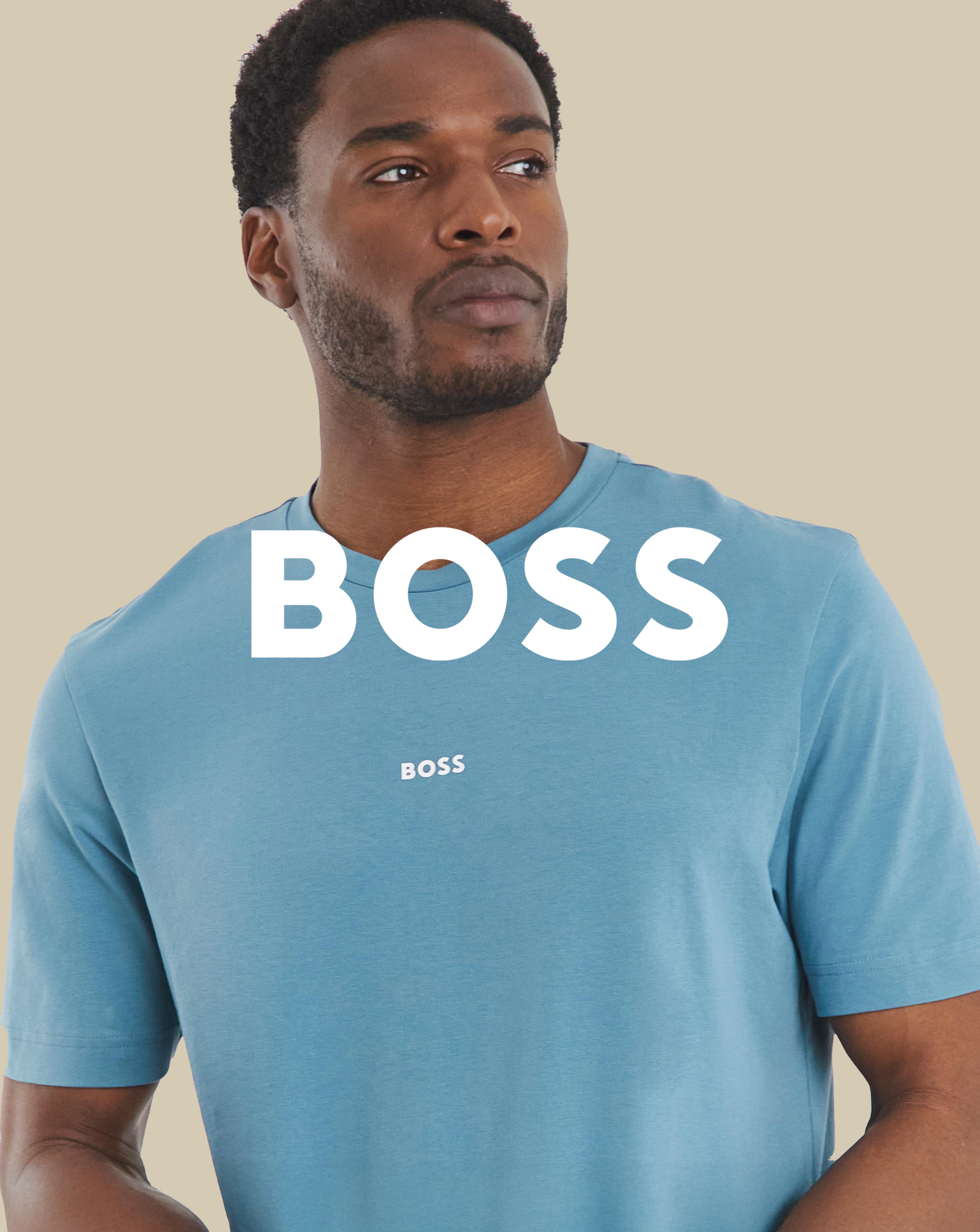 BOSS. Model wears BOSS Short Sleeve Centre Logo T-Shirt - Blue