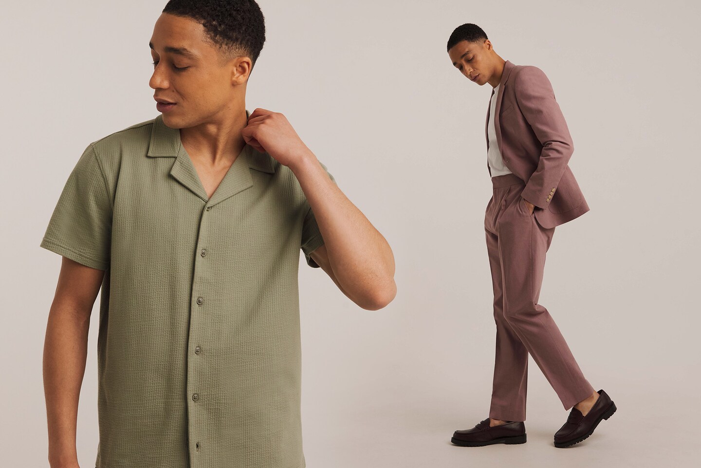 Model on left wearing green button up t-shirt and model on right wearing pink suit