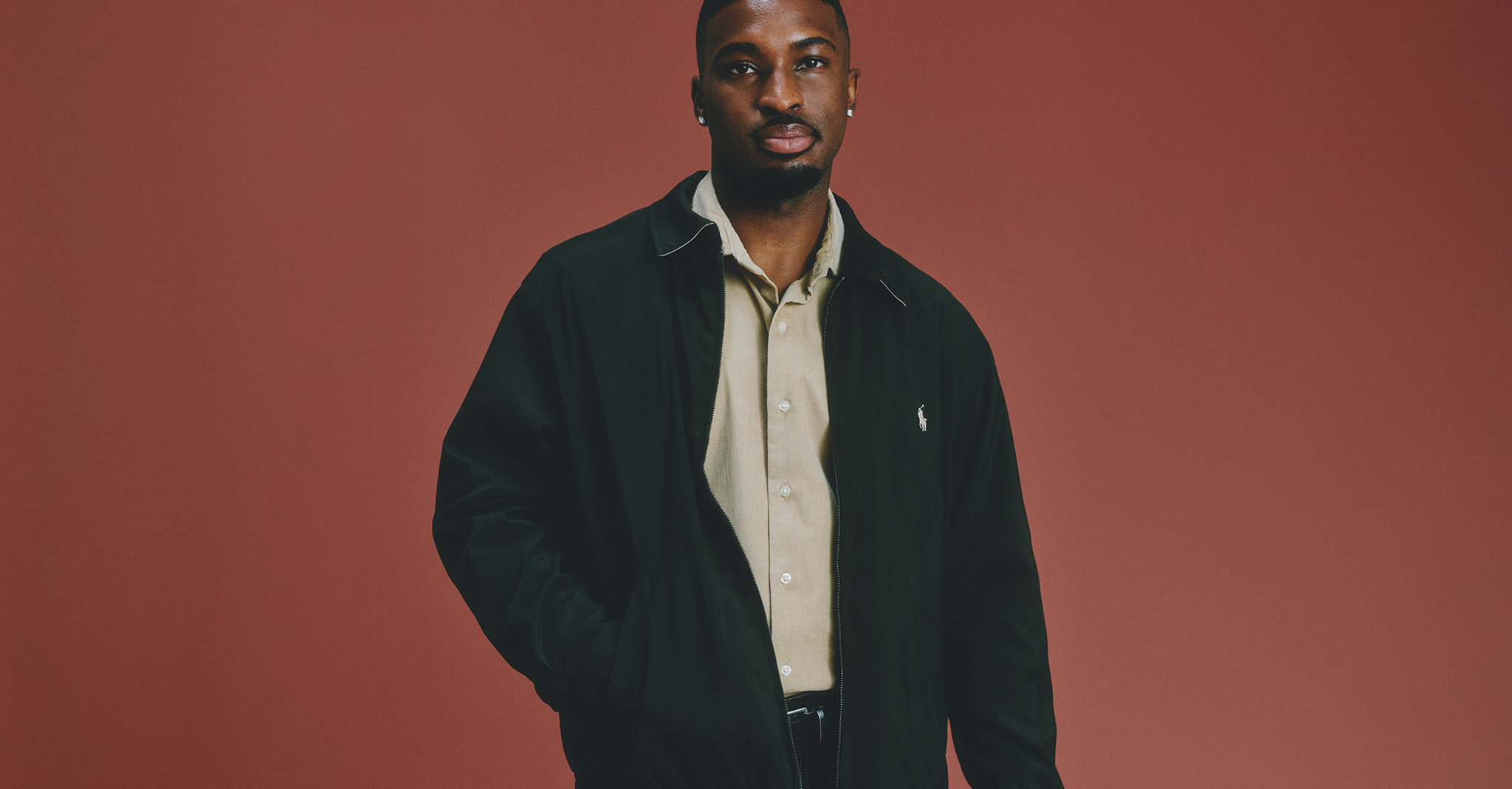 Model wears Polo Ralph Lauren Jacket with Polo Ralph Lauren Long Sleeve Cordury Shirt