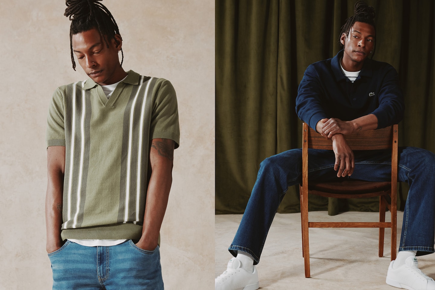 Model on right wears knitted stripe polo in green and on the left Lacoste Classic Short Sleeve Pique Polo - Navy