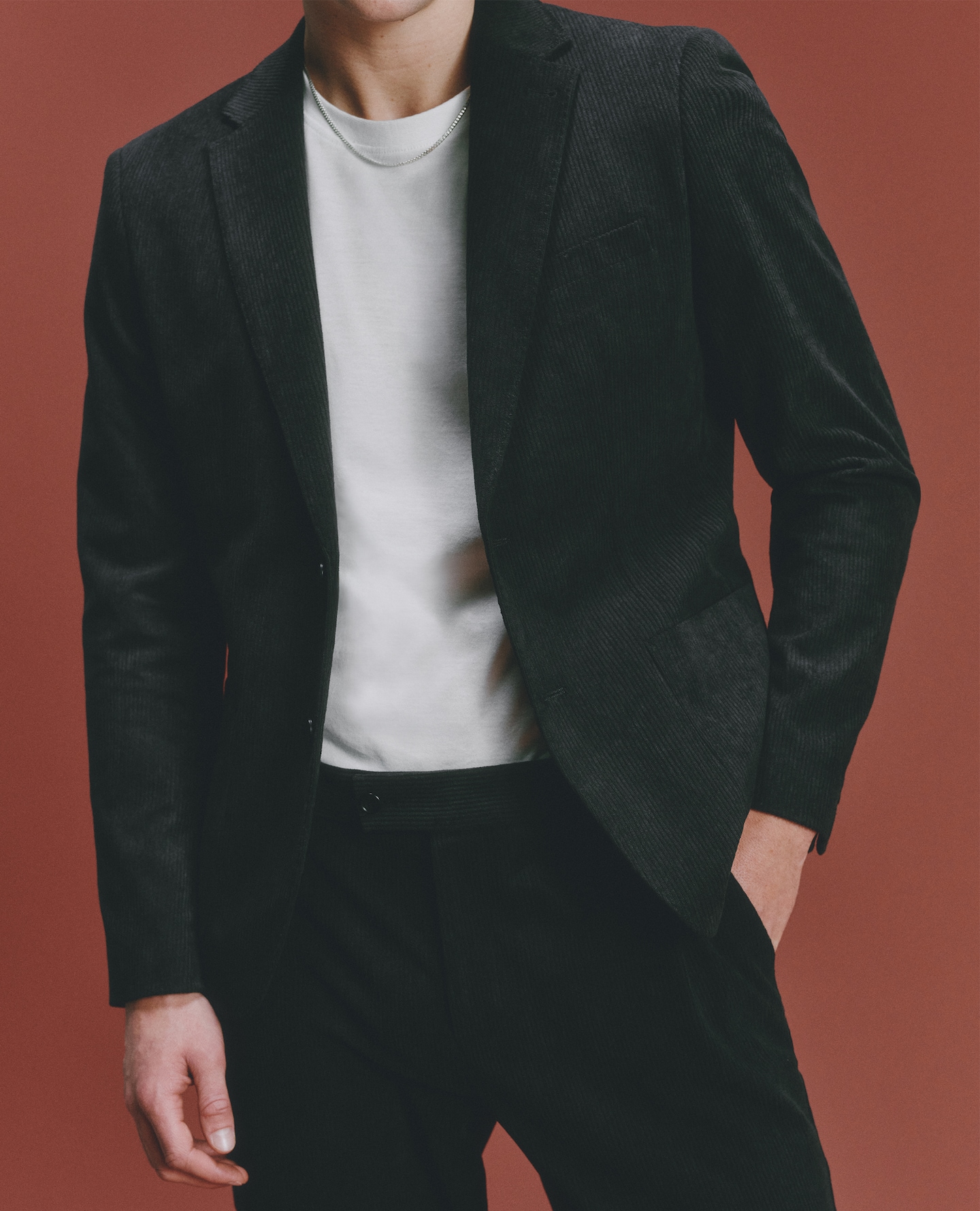 Model wears Cord Patch Pocket Blazer