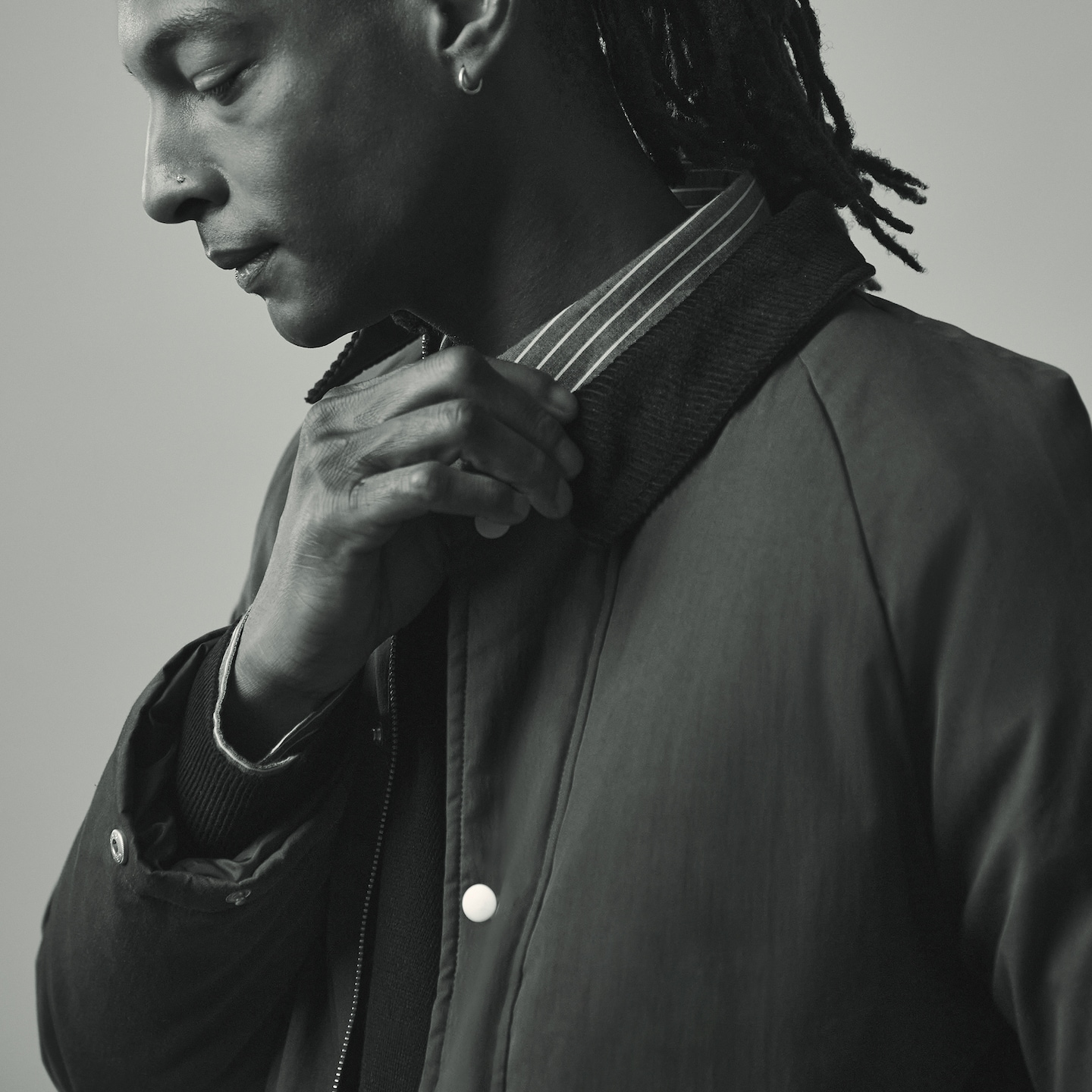 Cord Collar Wadded Jacket with striped shirt pictured