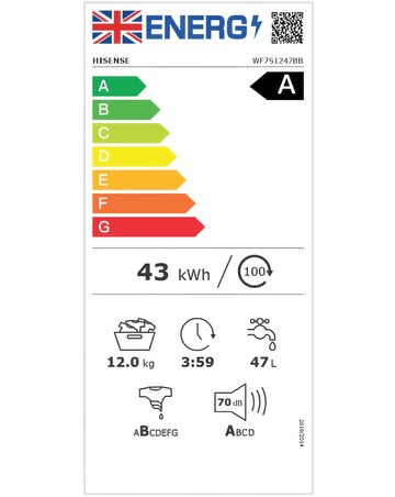 Hisense 7 Series WF7S1247BB AI Wifi-enabled 12kg 1400 spin Washing Machine Black