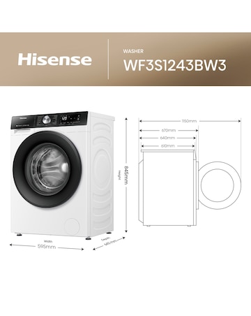 Hisense 3S Series WF3S1243BW3 WiFi-enabled 12kg 1400 Spin Washing Machine - Whit