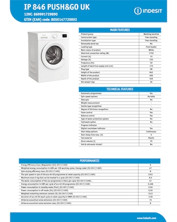 Indesit IP 846 Push & Go Washing Machine - White + Install