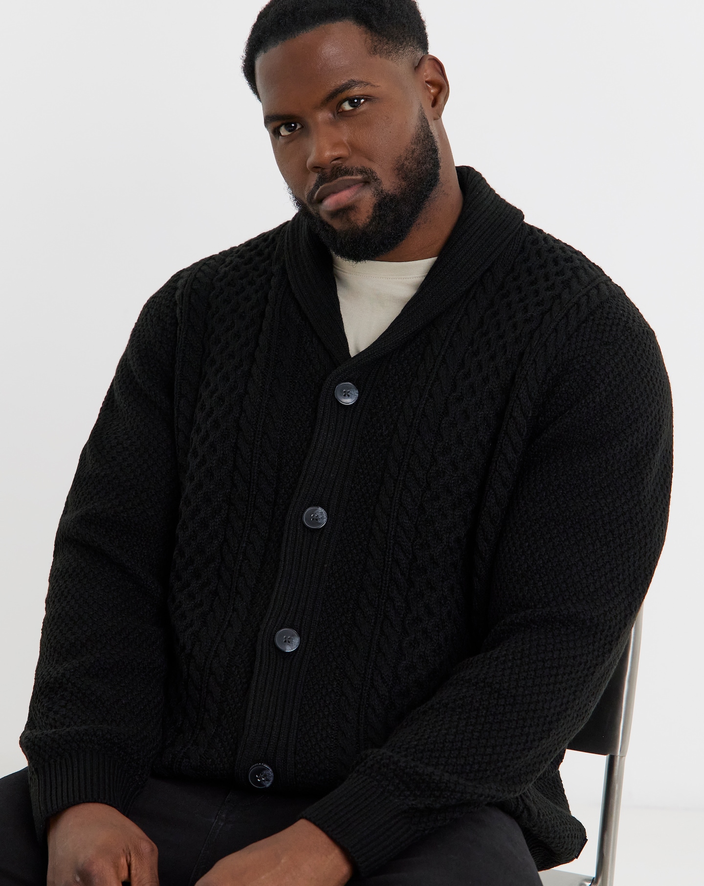 Ecru Cable Knit Shawl Neck Cardigan | Jacamo