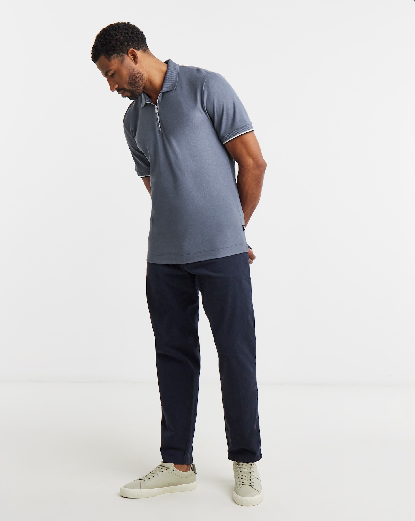 BOSS Short Sleeve Zip Neck Polo - Blue | Jacamo
