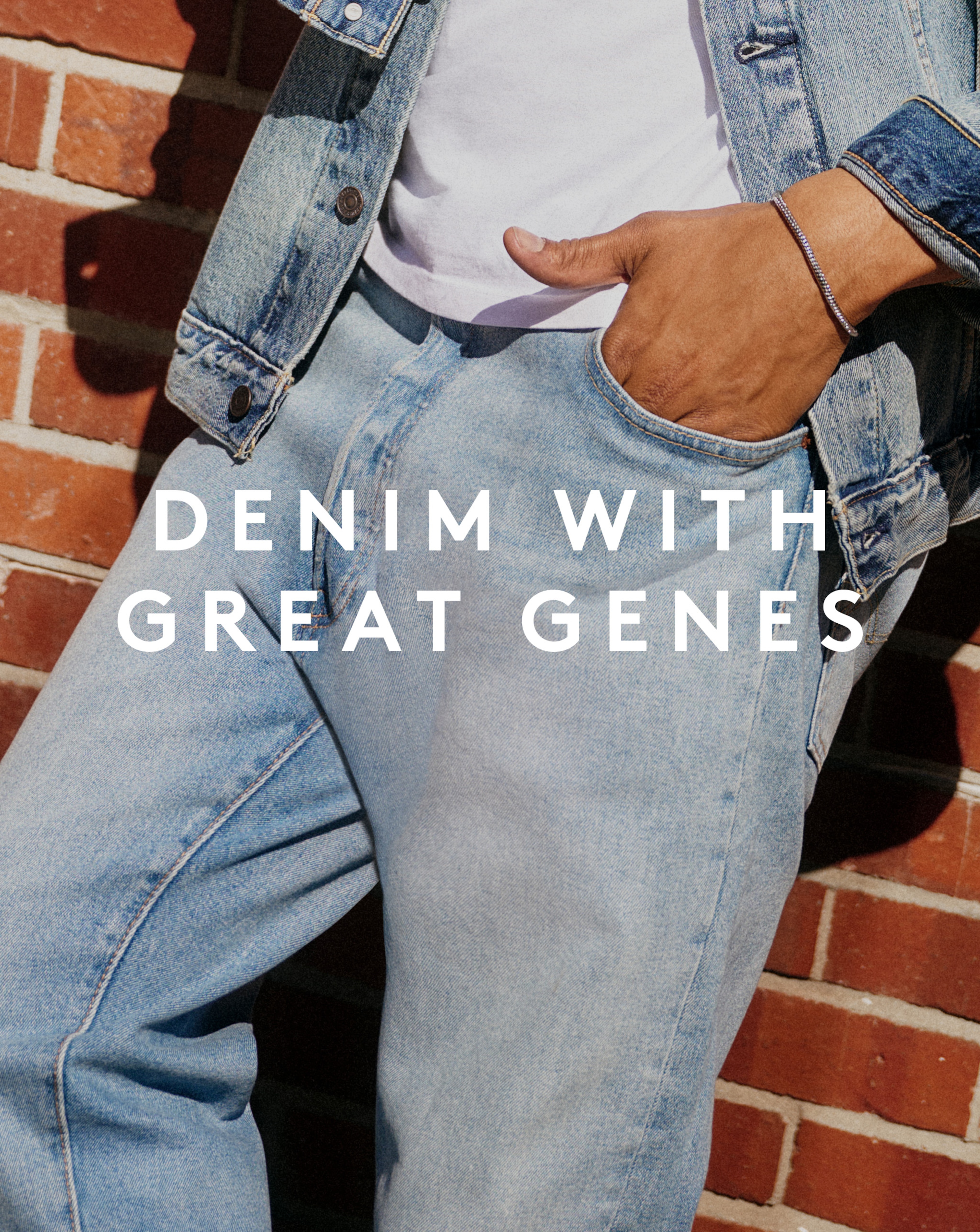 Model wearing Levi's jeans and denim jacket