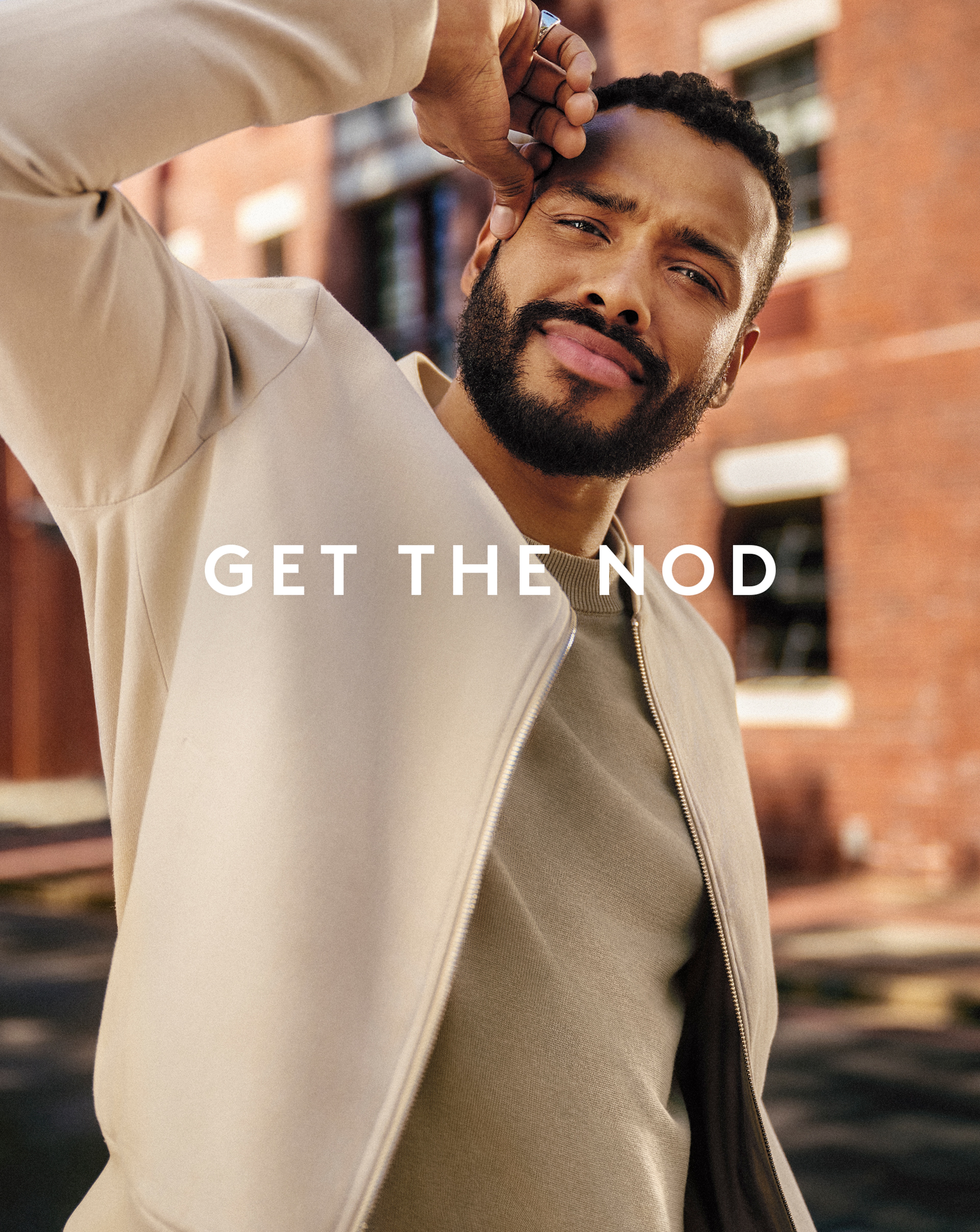Get The Nod. Model wears Tailored Linen Bomber with Beige Tee