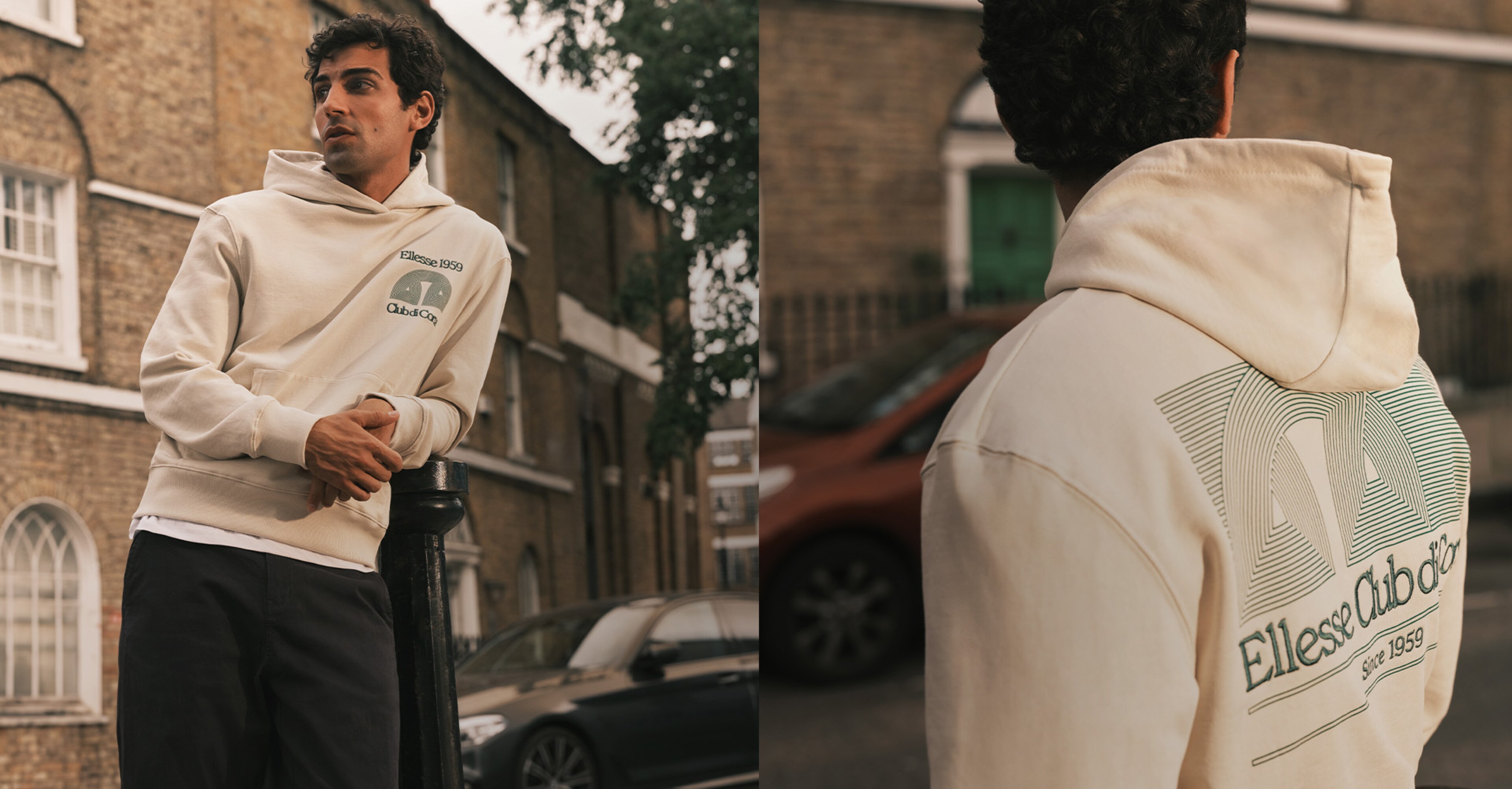 Model wearing a cream Ellesse hoodie with green logo