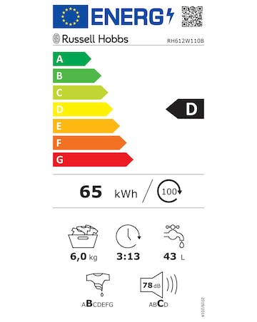 Russell Hobbs RH612W111B 6kg 1200rpm Washing Machine Black + Install