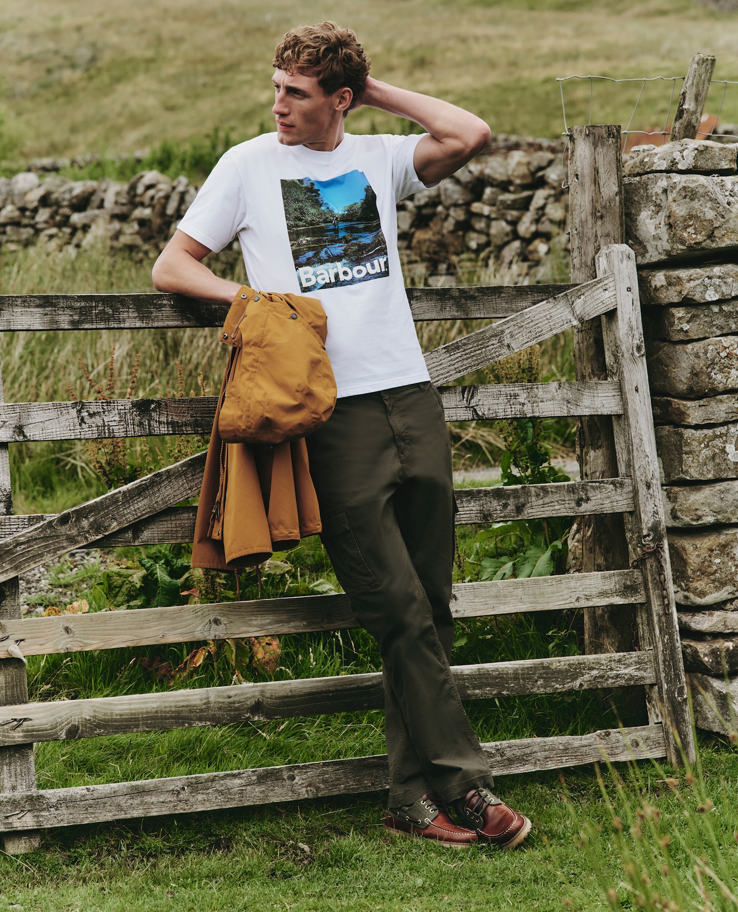 Model wears Barbour Sprouston Oversized Graphic T-Shirt - White