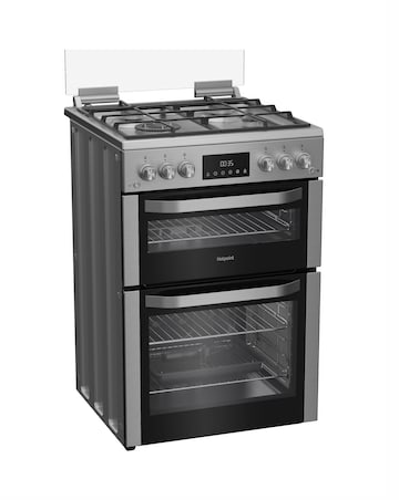 Hotpoint HDG6GDCWX 60cm Gas Double Cooker with Glass Lid - Stainless Steel