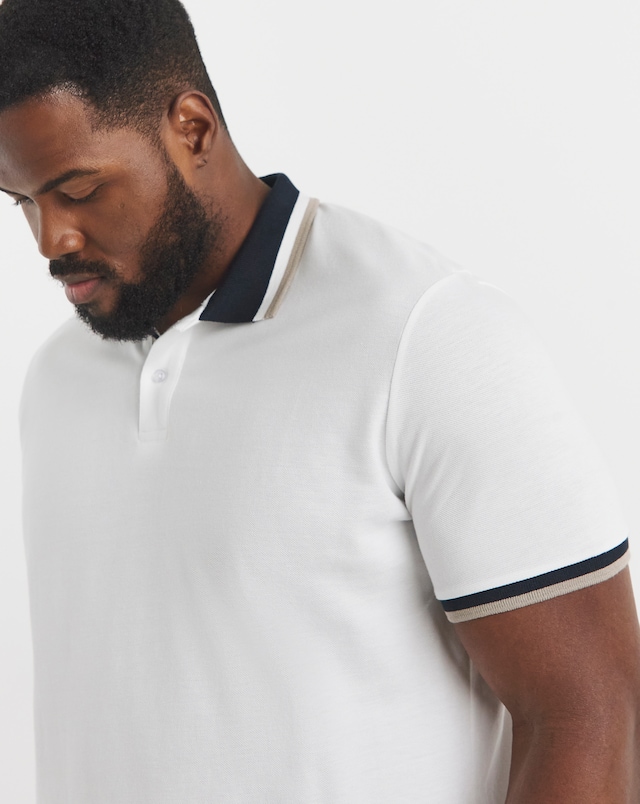 Tipped Pique Polo Long Length- White