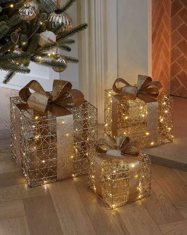 Set of 3 Gold Shimmer Light Up Presents
