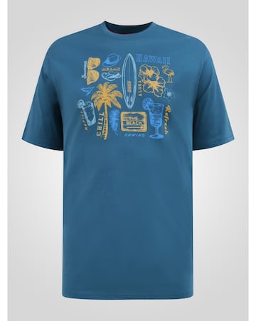 D555 Big And Tall Hovell Summer Beach Icon Sketches Printed T-Shirt - Teal