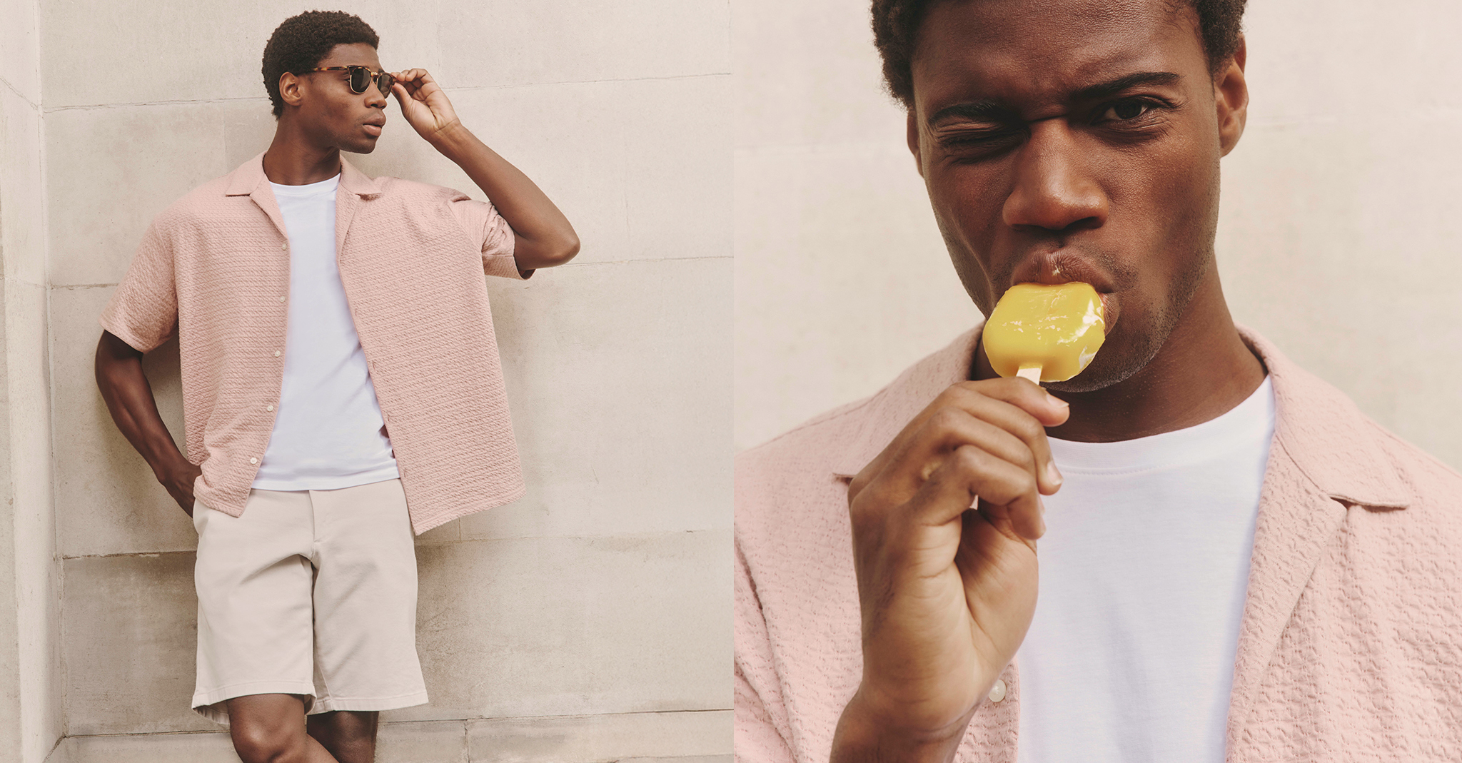 Model wears Jack & Jones Premium Blaleo Textured Resort Shirt in Pink with Long Length Chino Short