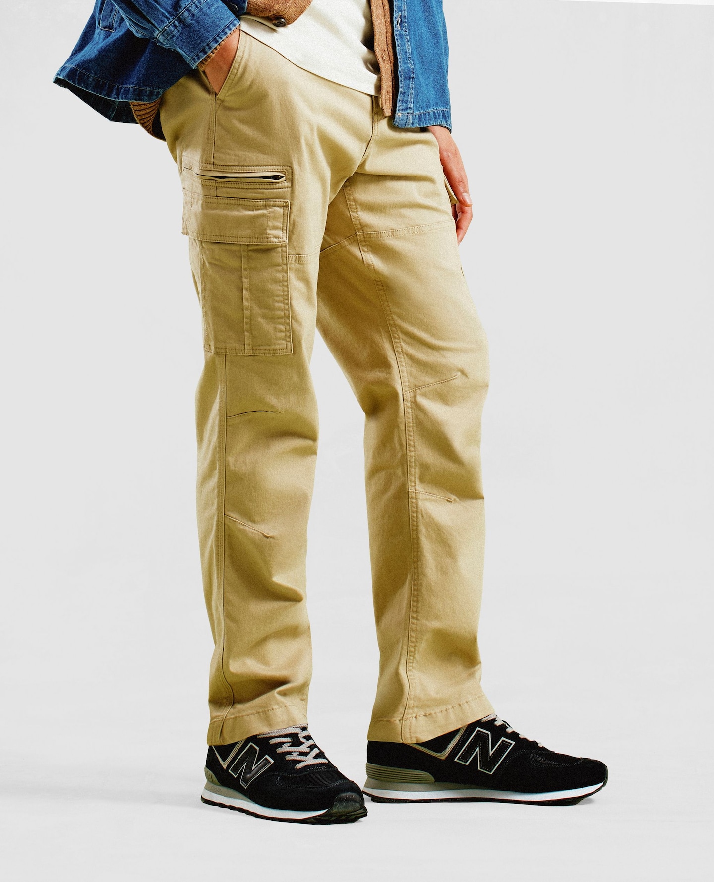 Model wears beige chinos