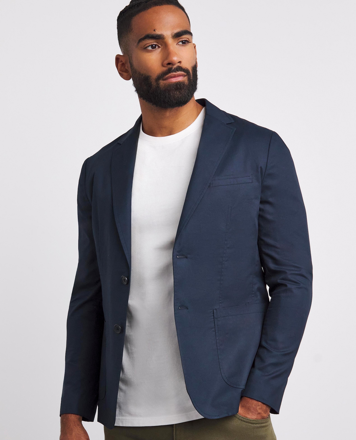 Model wears Smart Deconstructed Pocket Suit Blazer