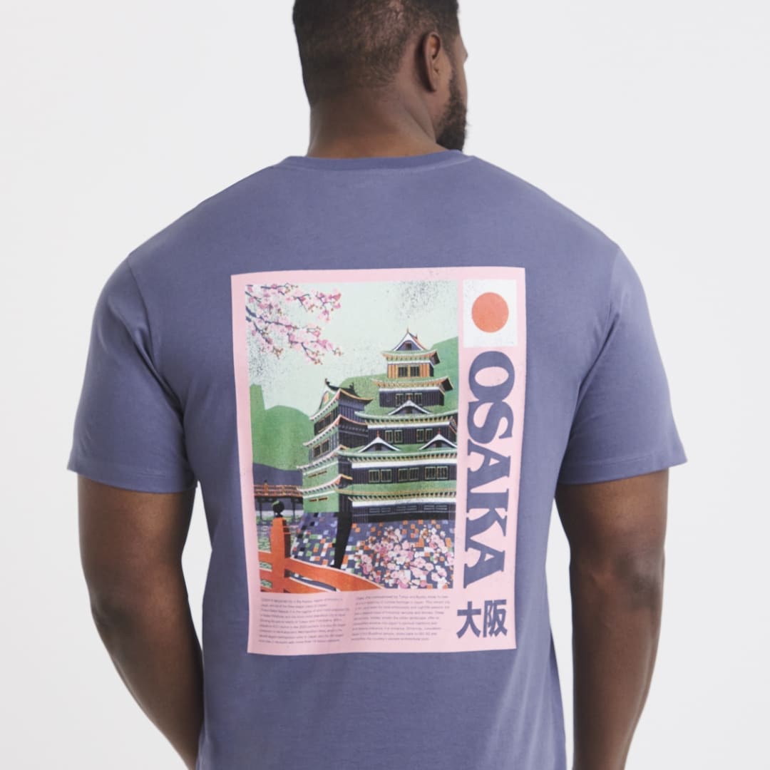 Model wearing Jack & Jones purple graphic t-shirt