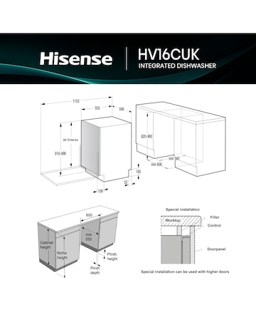 Hisense HV16CUK Fully Integrated Full Size Dishwasher 16 Place Settings Black