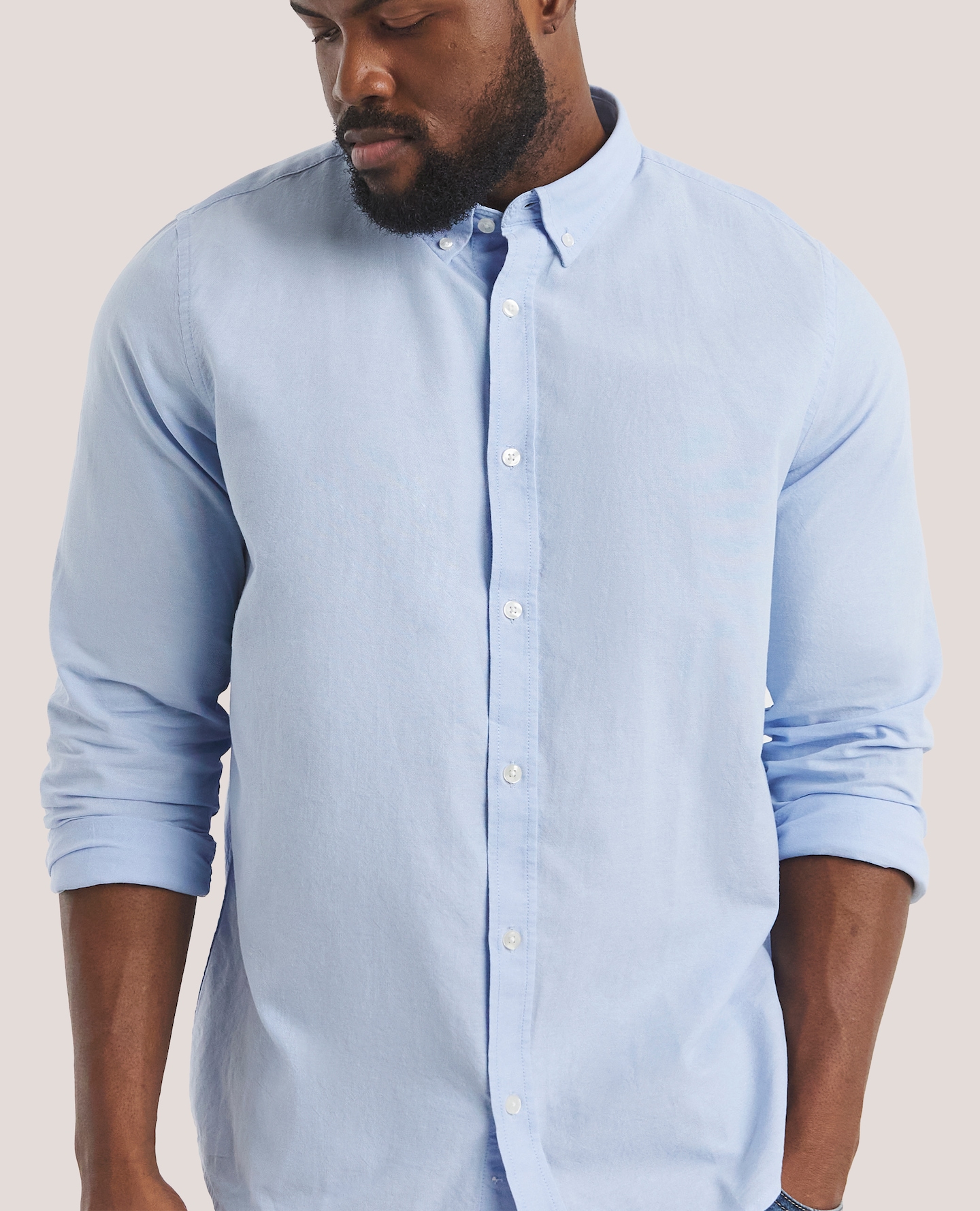 Model wears Long Sleeve Oxford Shirt Regular Length