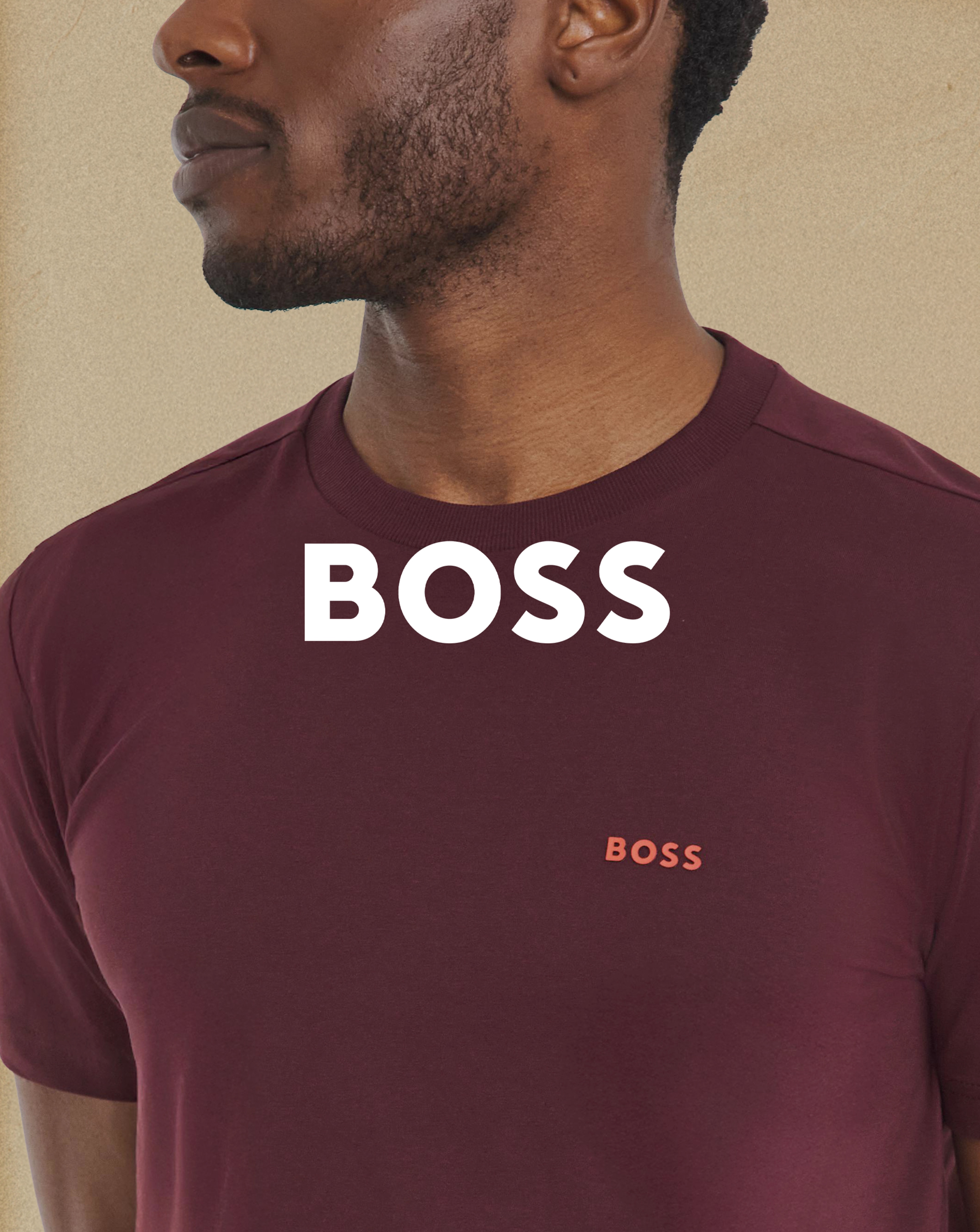 BOSS. Model wears BOSS Short Sleeve Chest Logo T-Shirt - Burgundy