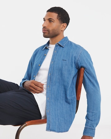 BOSS Long Sleeve Logo Denim Shirt - Mid Wash