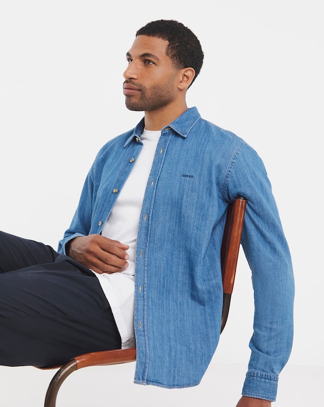 BOSS Long Sleeve Logo Denim Shirt - Mid Wash