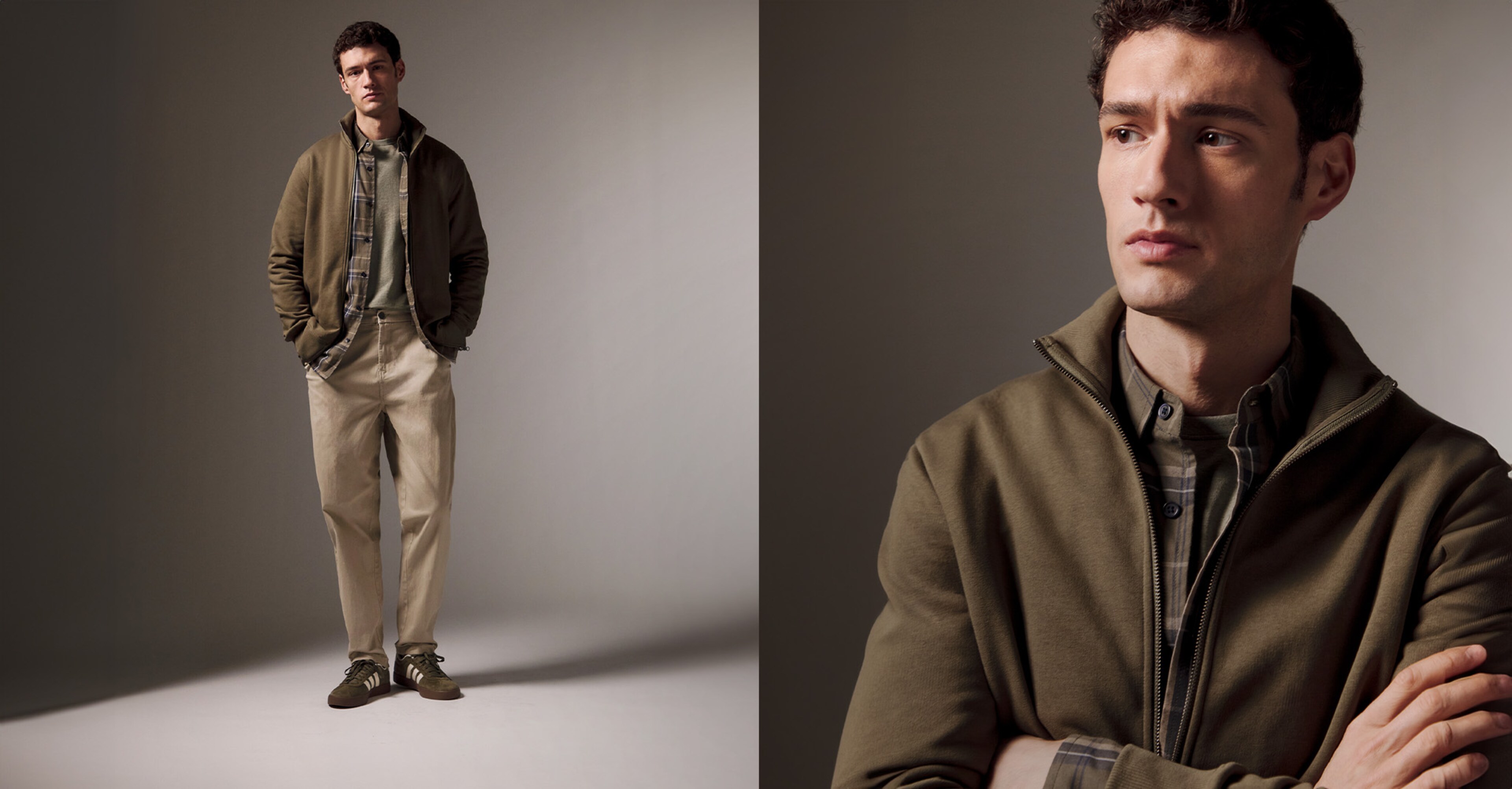 Duo shot of model wearing a khaki 1/4 zip sweater on the right and  model wearing a khaki jacket and beige jeans on the left