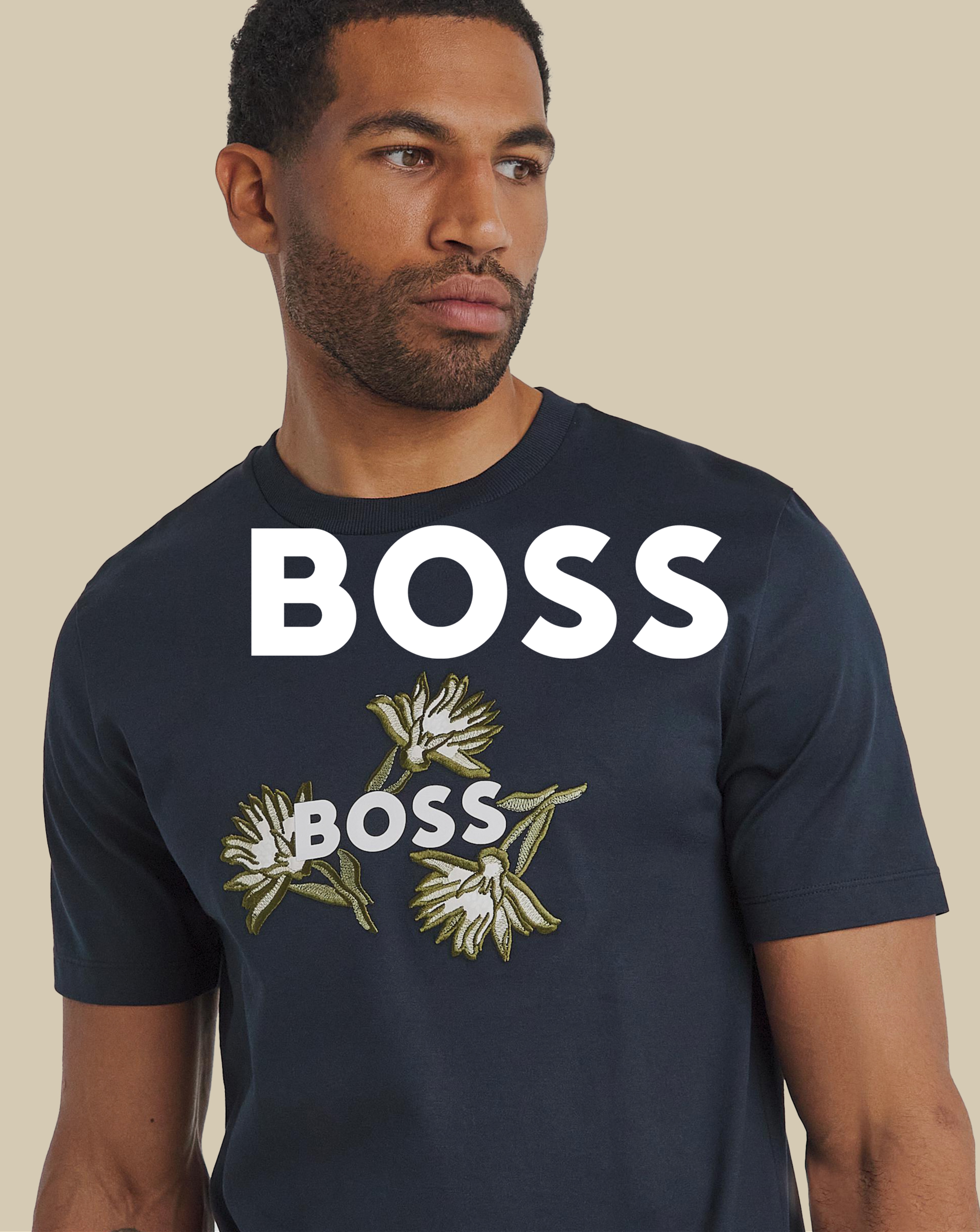 BOSS. Model wears BOSS Short Sleeve Floral Graphic T-Shirt - Navy