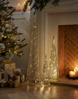 Set of 3 Gold Shimmer Light Up Cone Christmas Trees