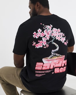 Jack &amp; Jones Sakura Oriental Back Graphic T-Shirt - Black
