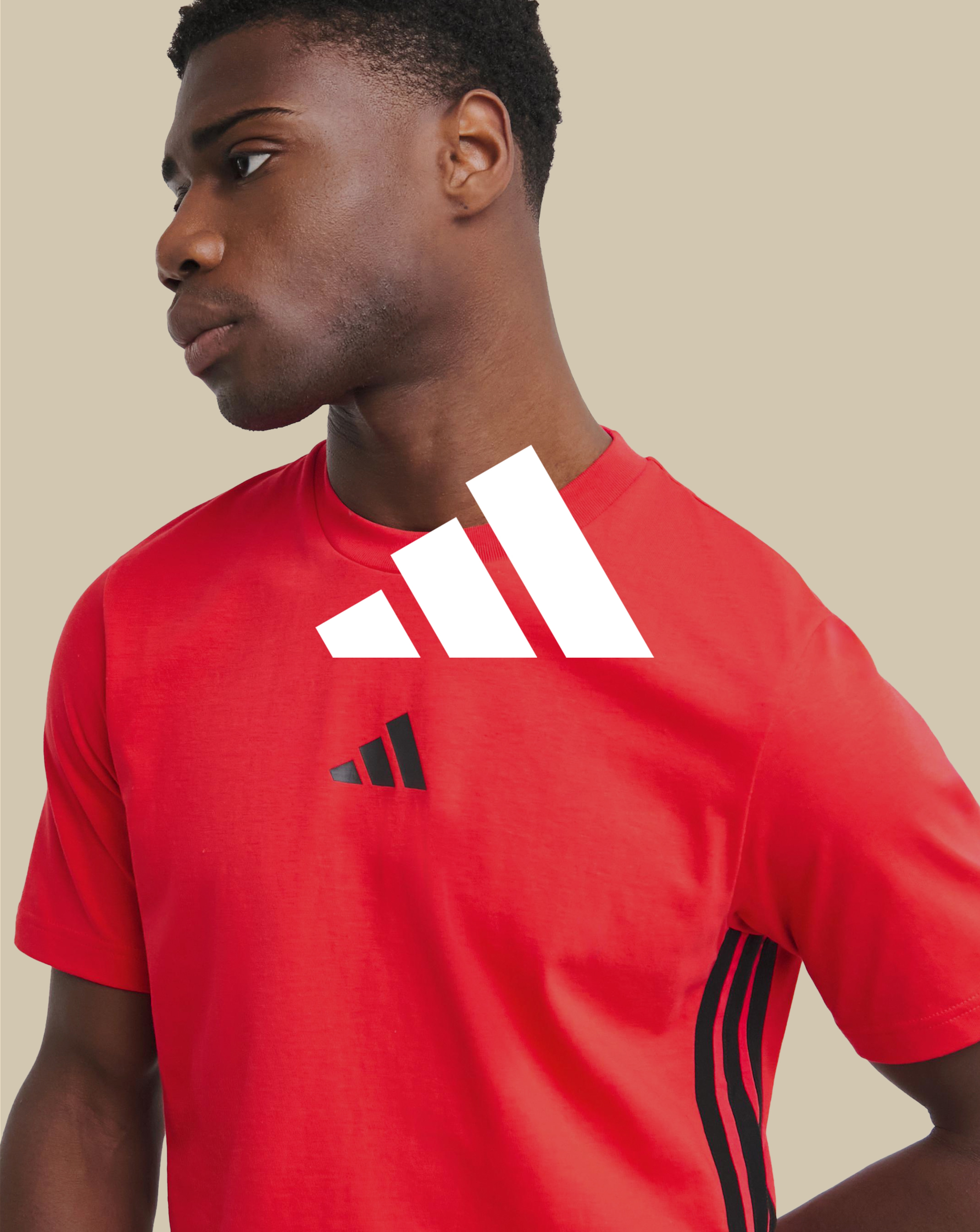 adidas. Model wears adidas 3 Stripes T-Shirt